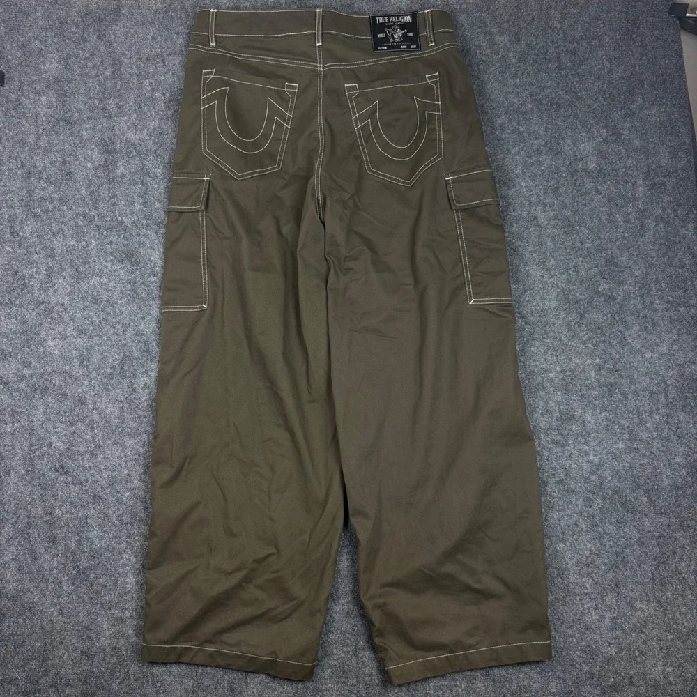True Religion Balloon Cargo Pants Mens 34 Olive Brown Contrast Stitch